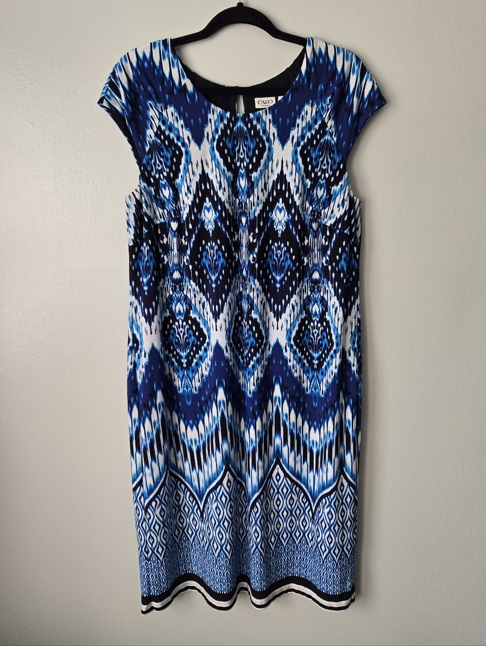 Cato Blue Ikat Geometric Shift Dress 14/16W Plus Cap Sleeve Fully Lined Keyhole